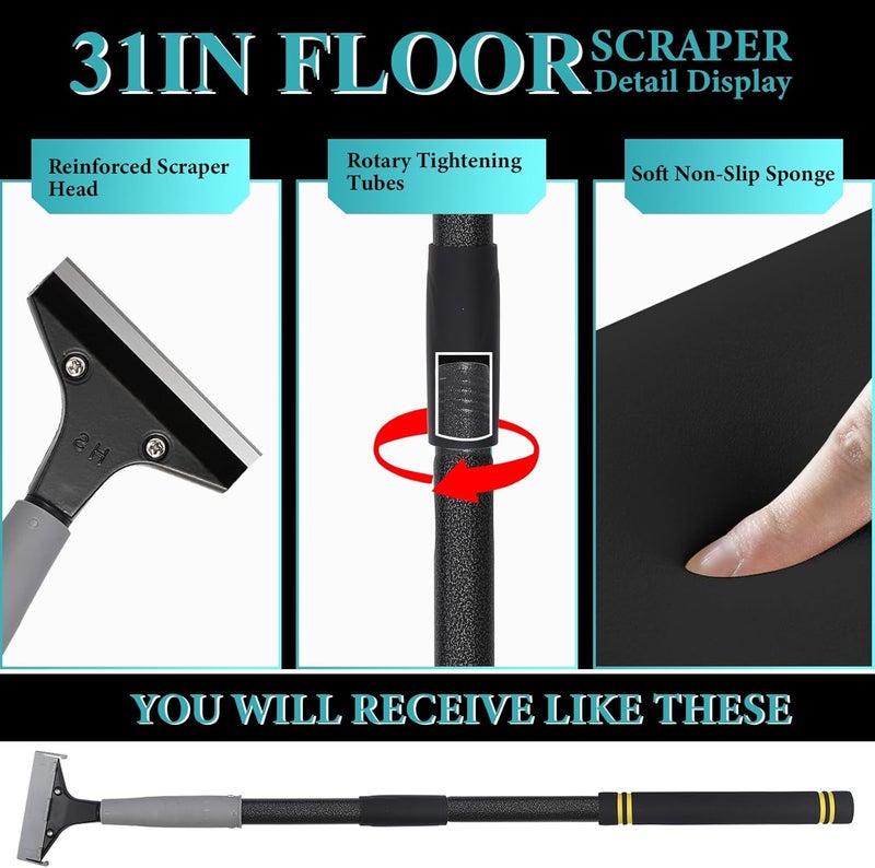 Frebuta Floor Scrapers Long Handle Heavy Duty ,31In 4“ Razor Blades Scraper with 10PC Floor Blades Sponge Handle Iron Tube Scraper for Cleaning Quick and Easy Removal Price Stickers Gum - Image 3